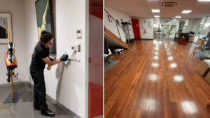 Cleaner cleans office after learning Commercial Cleaning terms