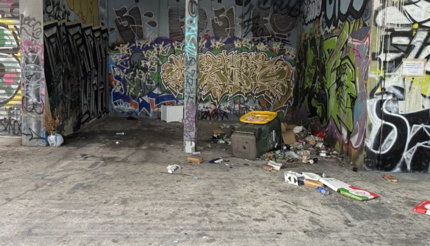 Graffiti covered car park before cleaning